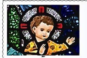 One of Ireland’s three Christmas stamps featured a Michael McLaughlin photograph of the Infant Christ from “Adoration of the Magi,” a Harry Clarke  stained-glass window in St. Patrick’s Church,  Newport,  Co. Mayo. 